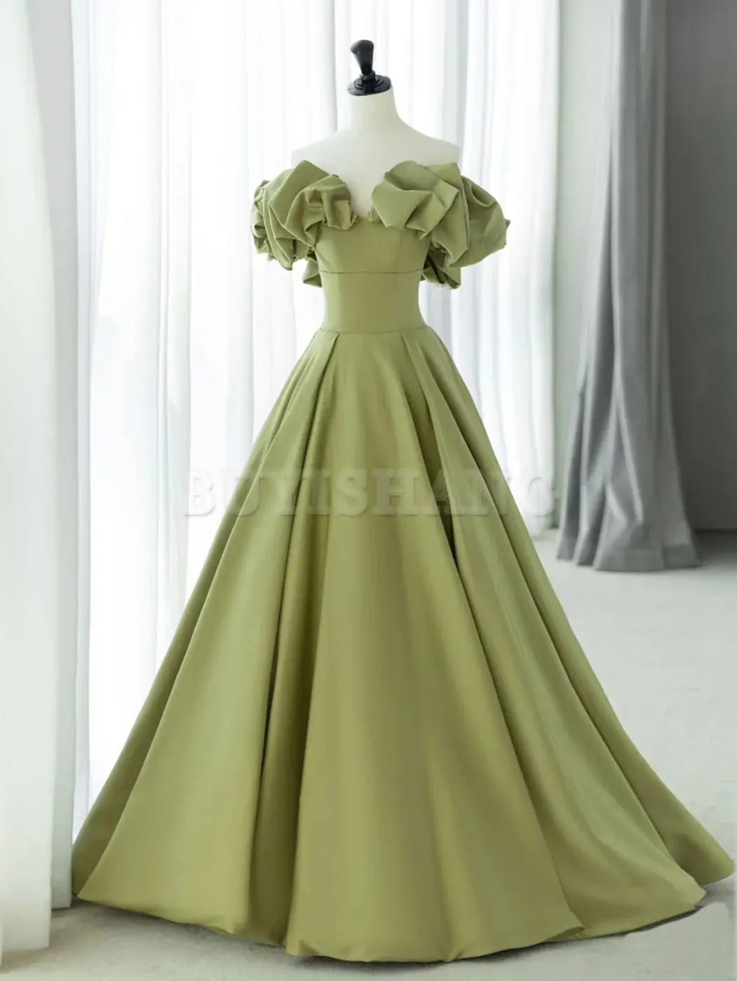Buyishang Green A-Line Satin Long Prom Dresses Green Formal Evening Dress Bridesmaid dress shop